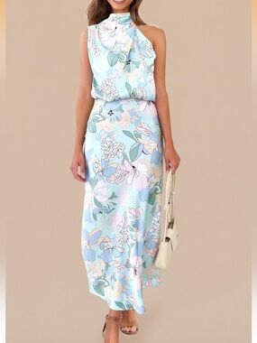 #32 Pretty Garden Satin Dress Elegant Sleeveless Mock Neck Cocktail Party Maxi